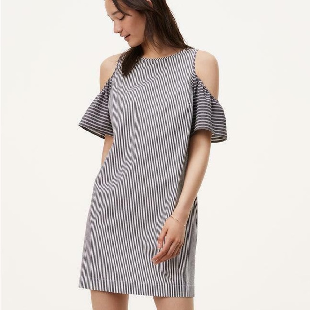 Ann Taylor LOFT Blue Mixed Stripe Cotton Poplin Cold-Shoulder Mini Shift. 10P